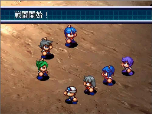 ダンジョンでの戦闘開始の画面。「戦闘開始！」の表示の下で、手前の主人公たちと、奥に並ぶハタ人間にされた仲間3人が向かい合っている