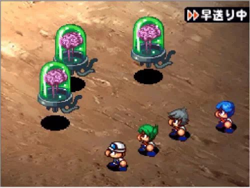 エルダーブレインの戦闘グラフィック。緑のカプセルにピンクの脳が収まり、下から黒っぽい触手が伸びた敵が3体いる