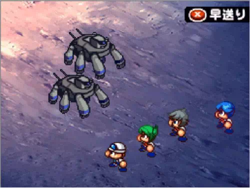 ガードボットの戦闘グラフィック。灰色の装甲に青い関節を持つ多脚ロボットが2体並んでいる