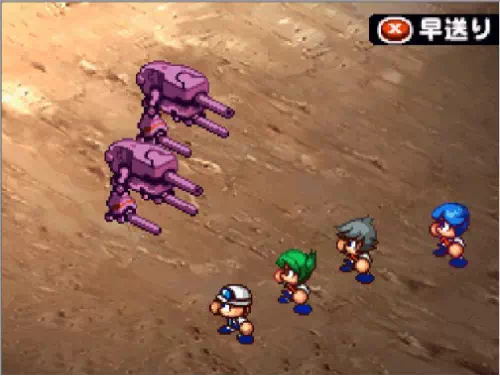 プラズマボットの戦闘グラフィック。砲身を何本も付けた紫色の脚つきの砲台が2体、荒れ地に並んでいる