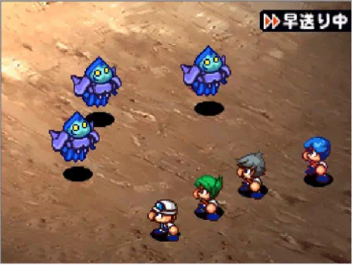宇宙傭兵の戦闘グラフィック。水色のとがった頭に黄色い目を持つ、青紫のローブ姿の宇宙人が3体浮かんでいる
