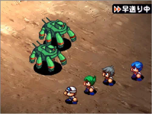 スイーパーの戦闘グラフィック。緑色の装甲に赤い関節を持つ多脚ロボットが2体並んでいる