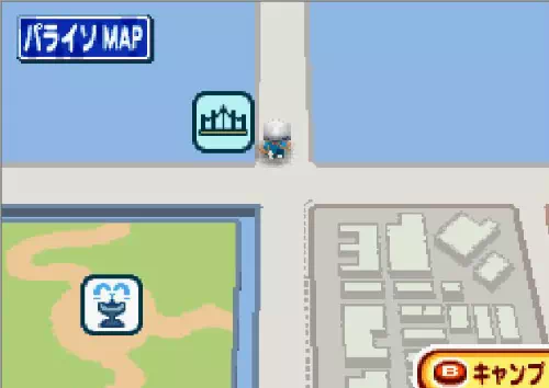 パライソMAPで、橋のアイコンの近くに主人公が立ち、下に噴水のアイコンの北公園が見える画面
