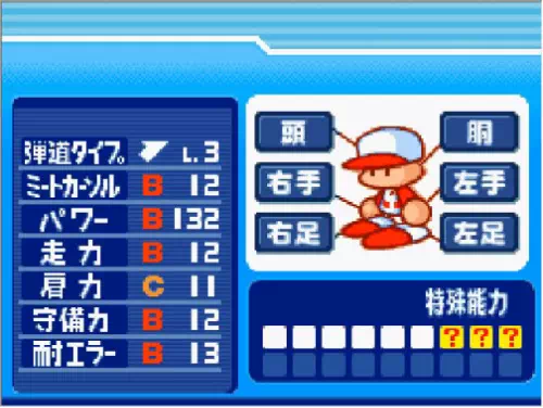 6つの部位をすべて選んだ野球人形の能力画面。弾道タイプ3、ミートカーソルB12、パワーB132、走力B12、肩力C11、守備力B12、耐エラーB13で、特殊能力の欄に「?」が3つ並んでいる